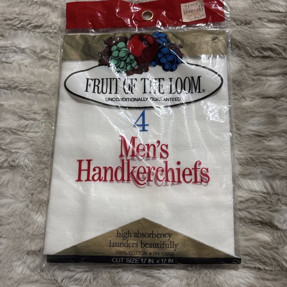 NOS Vintage Fruit of the Loom Pack of 4 Men's Handkerchiefs Cotton White 17x17